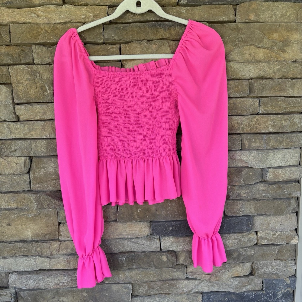 SHEIN Women's Square Neck Flounce Sleeve Shirred Peplum Blouse JW7 Pink‎ Small